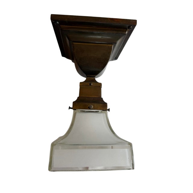 This charming pair of Mission-style or Arts and Crafts ceiling-mount antique light fixtures feature square metal...