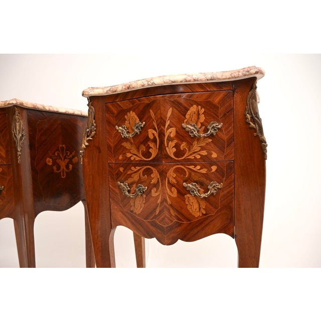 Brown Antique French Inlaid Marble Top Bedside Chests, 1900, Set of 2 For Sale - Image 8 of 11