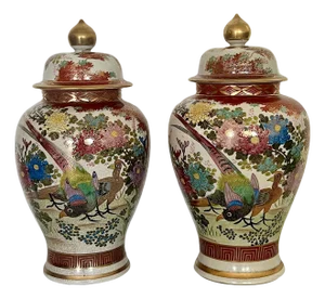 Large Antique Japanese Lidded Ginger Jars With Whimsical Exotic Birds, Flowers & Gilt Accents, a Pair - Shimazu Family