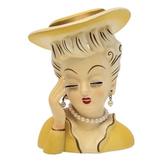 Vintage Arnart Head Vase Lady Yellow Hat Pearl Necklace Earrings Japan. For Sale