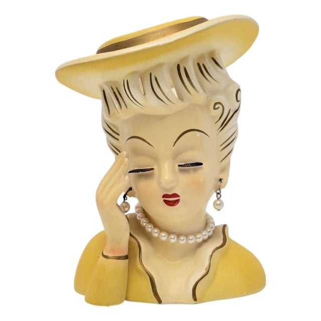 Vintage Arnart Head Vase Lady Yellow Hat Pearl Necklace Earrings Japan. For Sale