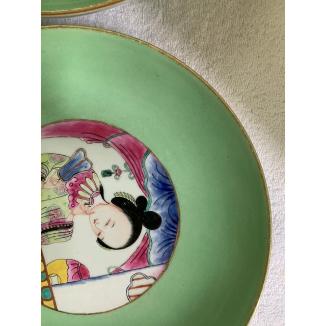 Green Late 20th Century Chinese Famille Rose Porcelain Beauty Deep Dishes/ Bowls - a Pair For Sale - Image 8 of 13