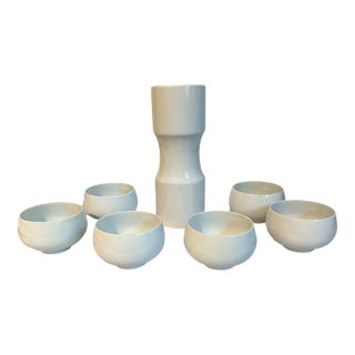 Vintage 1970's Japanese Ceramic White Modernist 7 Piece Sake/Tea Set For Sale