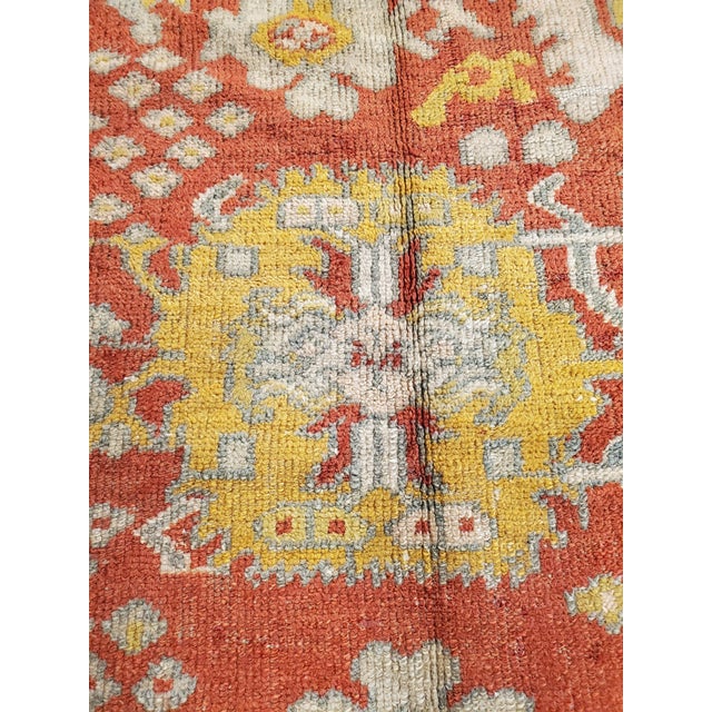 Antique Oushak Carpet, Oriental Rug, Handmade Rug Saffron, Light Blue and Coral For Sale - Image 16 of 18