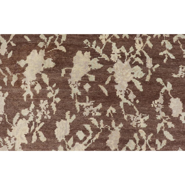 Brown Mocha Vintage Turkish Oushak Rug With Free-Flowing Green & Cream Flower Blossoms For Sale - Image 8 of 11