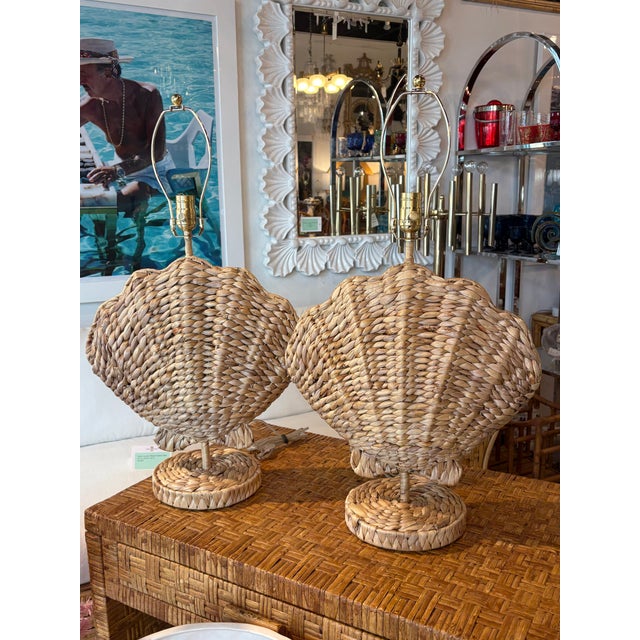 Pair of Woven Grass Scalloped Clam Shell Seashell Beach Table Lamps Newly Wired For Sale - Image 12 of 12