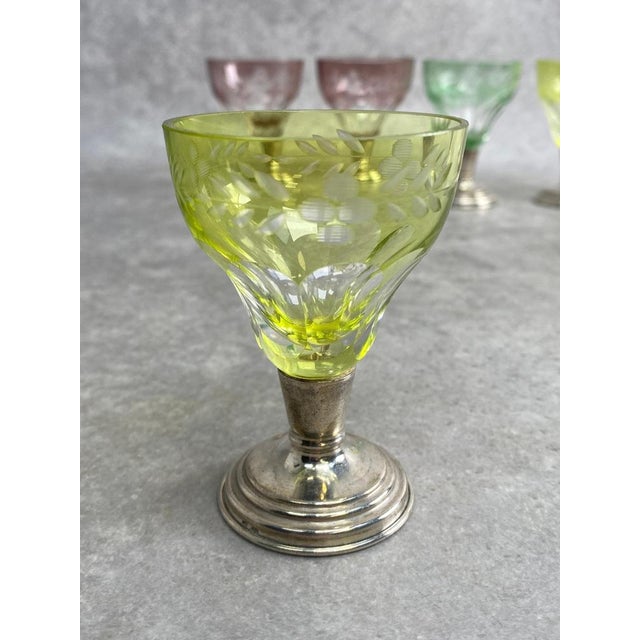 Metal Colored Cut Glasses on Silver Stems, 1930s, Set of 6 For Sale - Image 7 of 10
