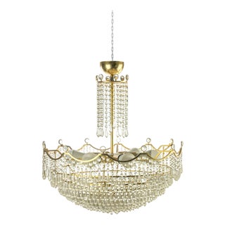 Vintage Gilded Brass and Crystal Drops 6-Light Chandelier, Italy, 1970s For Sale