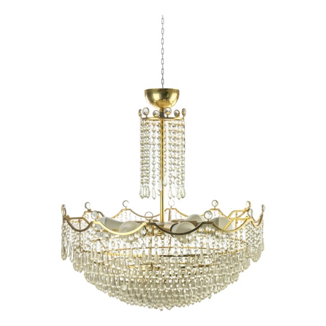 Vintage Gilded Brass and Crystal Drops 6-Light Chandelier, Italy, 1970s For Sale
