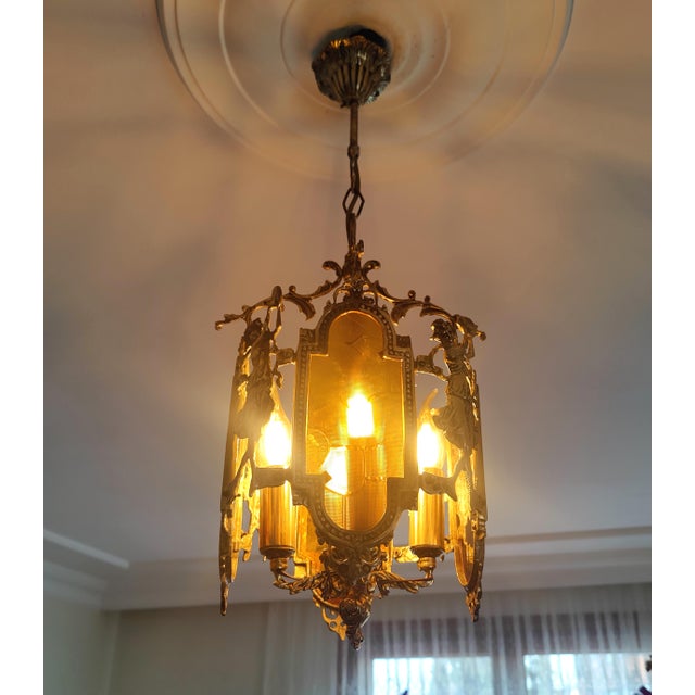 Glass 1960s Art Nouveau Brass Venus Pendant Light With Amber Glass For Sale - Image 7 of 14