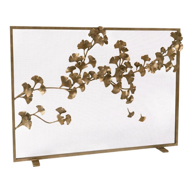 Aged Gold Ginkgo Fireplace Screen Iron For Sale