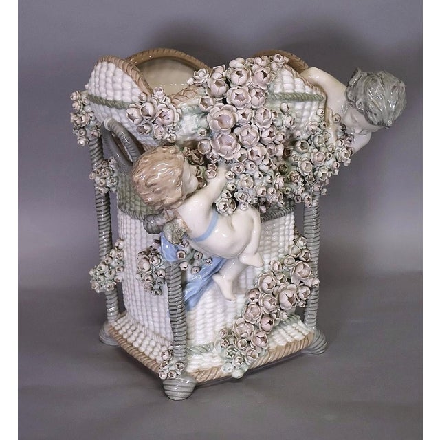 Ceramic Antique Austrian Amphora Art Nouveau Figural Flower Vase With Putti and Applied Roses For Sale - Image 7 of 17
