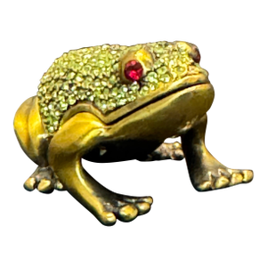 Vintage Style Jeweled Frog Toad Pill Box Green Rhinestone Red Eyes Enameled