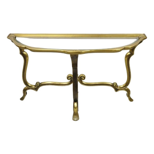 Vintage Italian Hollywood Regency Brass Base Glass Top Console Sofa Hall Table For Sale