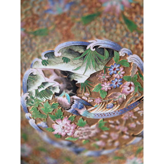 Large Antique Japanese Cloisonné Enamel on Brass Charger With Carved Wood Stand - 20" For Sale In Los Angeles - Image 6 of 8