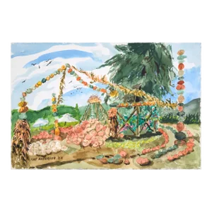 Farm in Autumn With Pumpkins in Watercolor on Heavy Paper by Les Anderson
