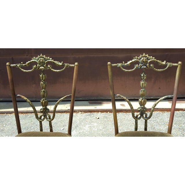 Set Four Italian Neoclassical Engraved Brass and Upholstered Side Chairs C.1950s For Sale - Image 12 of 12