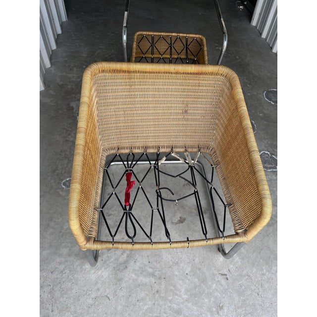 Harvey Probber Style Vintage Unmarked Chrome Tube Cantilever Wicker Lounge Arm Chairs For Sale - Image 11 of 12