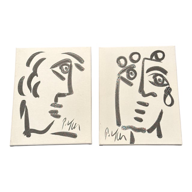 1970s Peter Keil Pair of Cubist Black and White Portrait Paintings For Sale