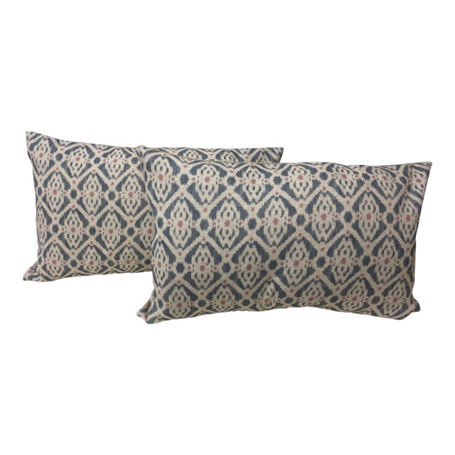 Pair of Large Bolster Pillows in a Classic Gray & Pink Geometric Pattern - Made in Uk For Sale