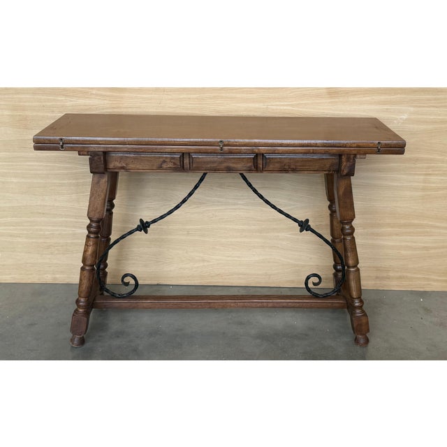 20th Century Spanish Console Fold Out Farm Table with Wood Stretcher For Sale - Image 16 of 18