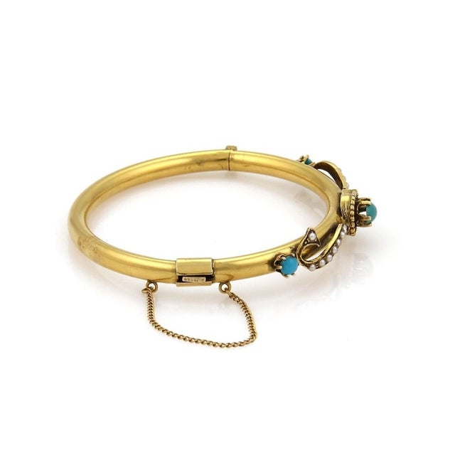 Contemporary Mid 20th Century Turquoise & Seed Pearls 14k Yellow Gold Fancy Bangle Bracelet For Sale - Image 3 of 5