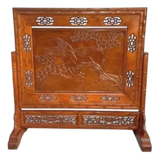 Antique Chinese Carved Huanghuali Wood Table Screen - Eagle and Pine Motif For Sale