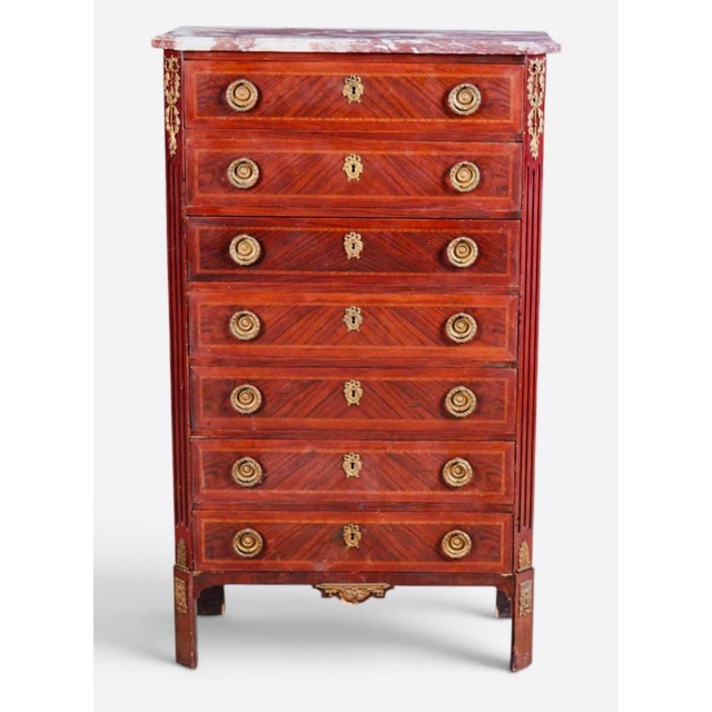 Late 19th Century Pair of 19th Century French Louis XVI Gilt-Bronze & Parquetry Marble-Top Semainiers For Sale - Image 5 of 11