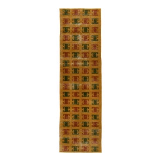 1960s Vintage Distressed Rug in Gold, Red Green Geometric Pattern by Rug & Kilim For Sale