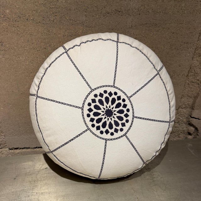 Moroccan Vintage Modern White Moroccan Fabric Pouf Geometric Medallion For Sale - Image 3 of 9
