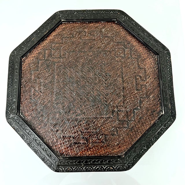 A vintage Chinese woven wicker and bamboo lacquered wedding basket / storage box. Large octagonal box, dark brown with...