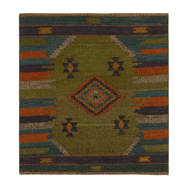 Textile 1980s Vintage Sofreh Kilim Rug in Green With Blue and Orange Geometric Patterns For Sale - Image 7 of 7