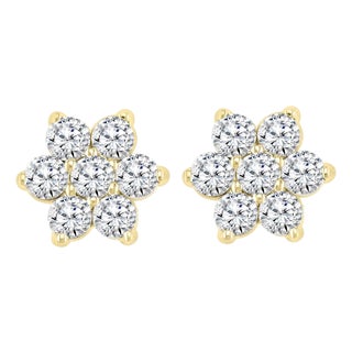 2.80 Carat 7 Diamond Floral Cluster Flower Stud Earrings in 14 Karat Yellow Gold For Sale