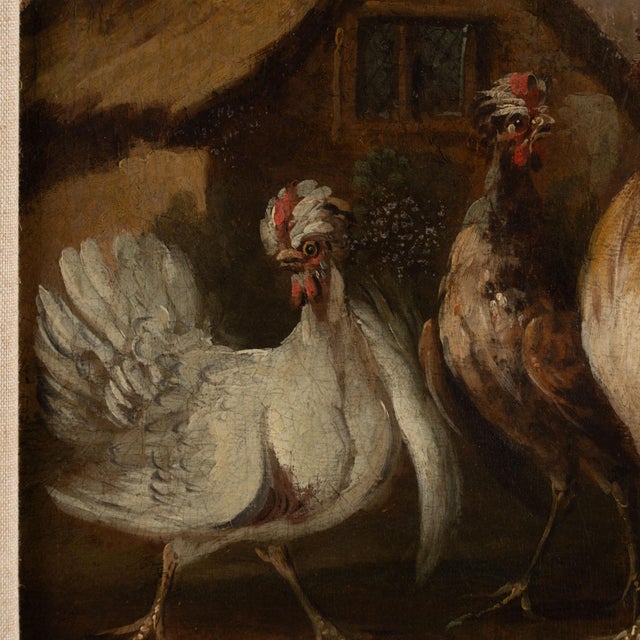 Realism 19th Century Small Original Oil on Canvas Painting of Barnyard Hens and Rooster, Portugal For Sale - Image 3 of 10