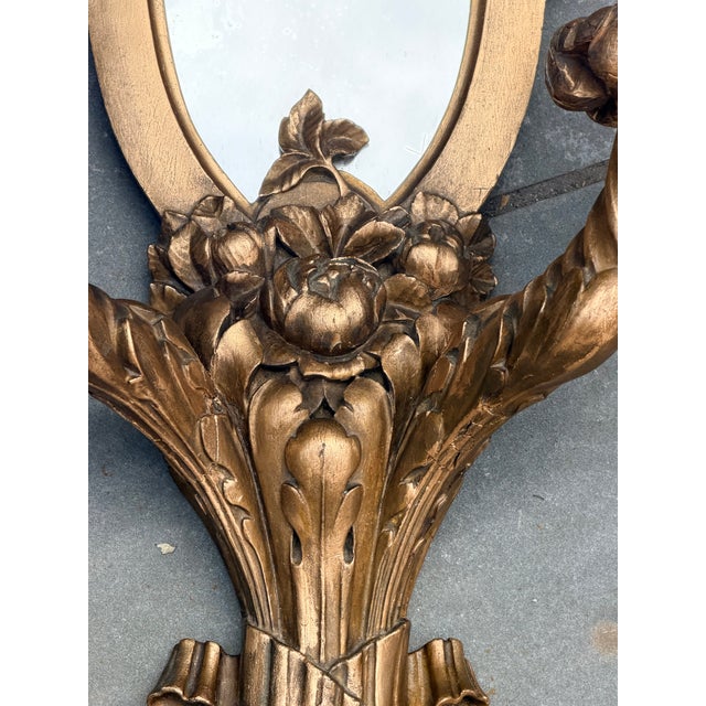 Hollywood Regency Vintage Italian Hollywood Regency Gilt Wood Mirrored Two-Arm Wall Sconces - A Pair For Sale - Image 3 of 15