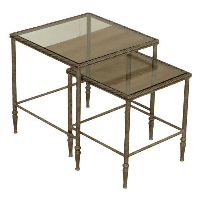 Vintage Pair of Iron Glass Top Nesting Tables For Sale