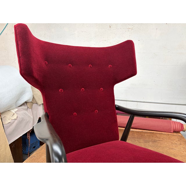 Wood 1940s Wingback Armchair Attributed to Eva & Nils Koppel for Slagelse Møbelværk, Denmark, Mohair For Sale - Image 7 of 18