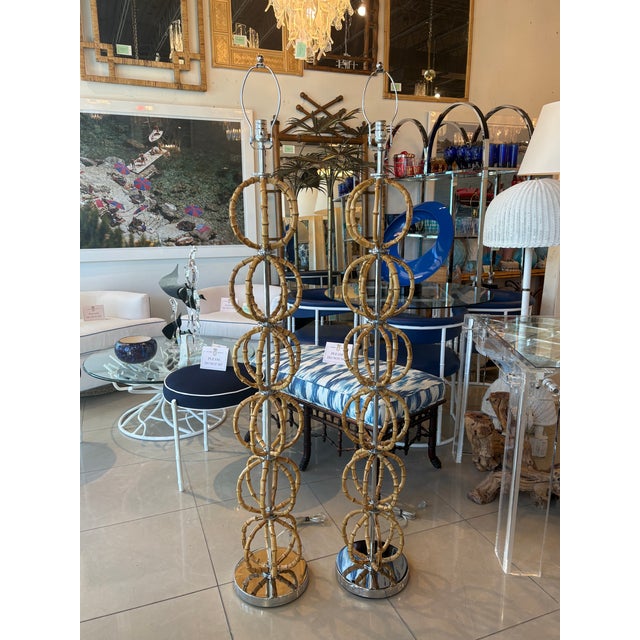 Vintage Modern Italian Bamboo & Chrome Floor Lamps Newly Wired - Pair For Sale - Image 11 of 13