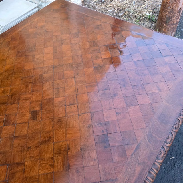 Antique Circa 1880 French Renaissance Revival Partner's Desk, Fully Carved on All Sides With Parquetry Top For Sale - Image 12 of 18