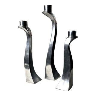 Vintage 1980s Aluminum Biomorphic Modernist “Nessy” Candlesticks Attributed to Escapade Paris- Set of 3 For Sale
