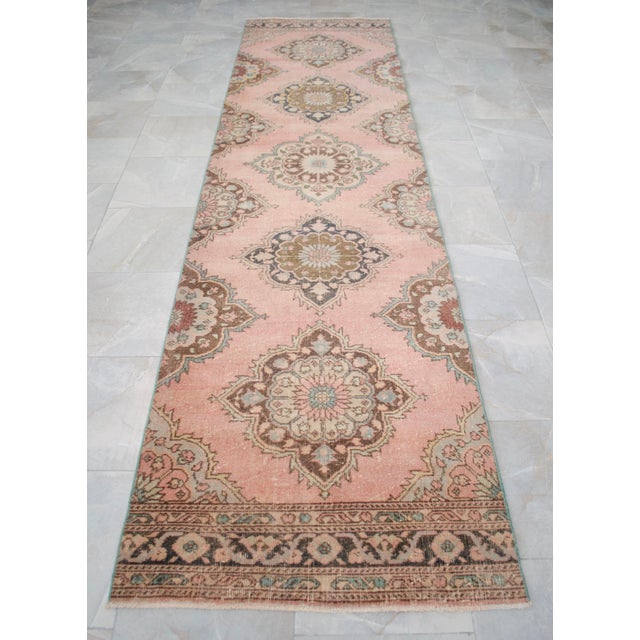 Distressed Oushak Runner Rug Faded Colors Low Pile Pink Hallway Decor - 3'1″x 12'5″ For Sale - Image 4 of 12