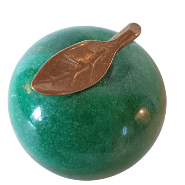 Metal Vintage Green Marble Apple Paperweight With Brass Stem For Sale - Image 7 of 10
