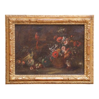 18th Century Flemish School Still Life Painting With Flowers and Parrot For Sale