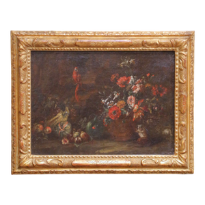 18th Century Flemish School Still Life Painting With Flowers and Parrot