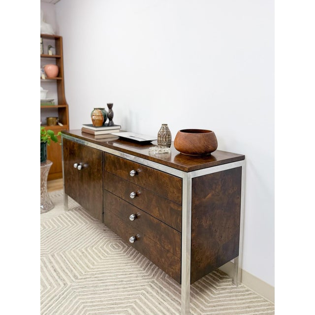 Mid 20th Century Tomlinson Burlwood Credenza Chrome Details Doors Drawers, Buffet, Console For Sale - Image 13 of 18