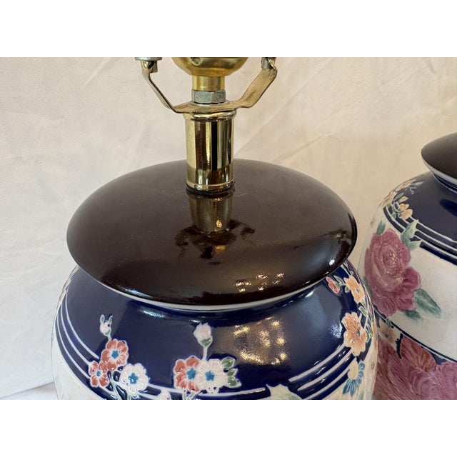 Vintage Ceramic Vase Lamps With Elegant Floral Design on Wood Plinths- A Pair For Sale - Image 10 of 12