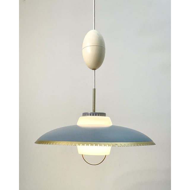 Metal Large Blue Pendant Lamp attributed to Bent Karlby for Lyfa, Denmark, 1960s For Sale - Image 7 of 7