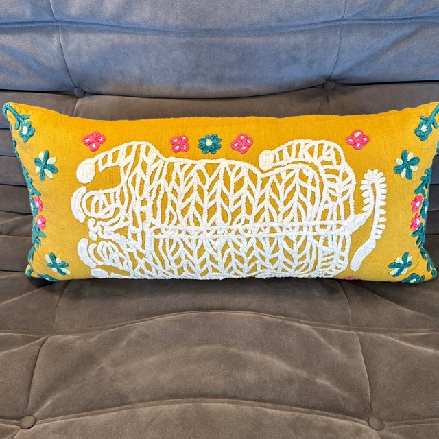 Boho Chic Anthropologie Embroidered Gael Tiger Lumbar Pillow For Sale - Image 3 of 12
