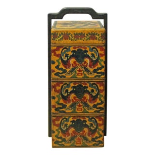 Chinese Yellow Lacquer Color Bats Floral Graphic Painting Box For Sale