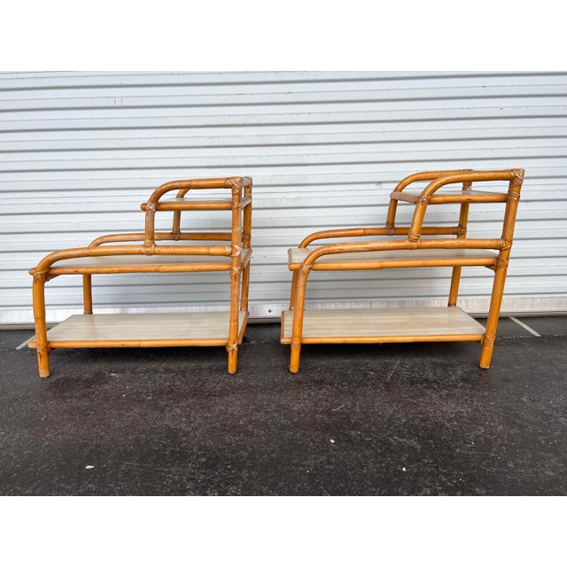 Mid 20th Century Vintage Mid-Century Modern 3-Tier Bamboo & Rattan Side Tables - A Pair For Sale - Image 5 of 9